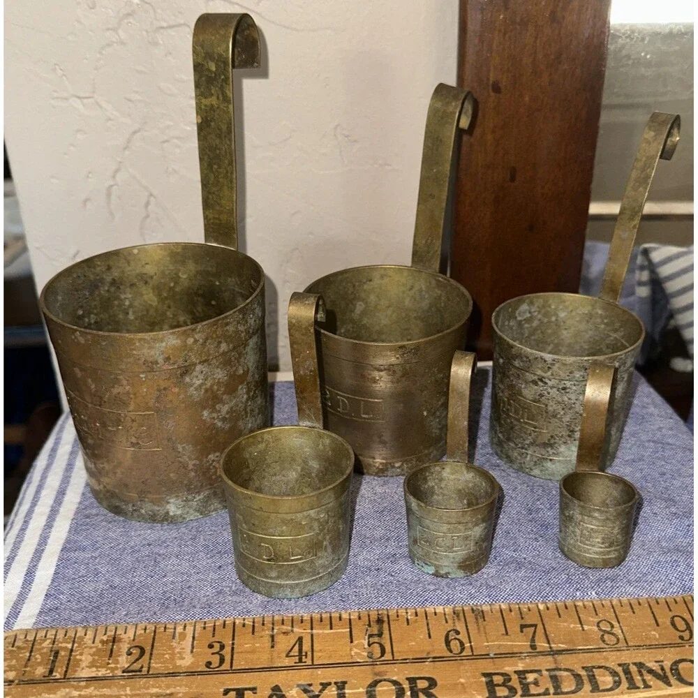 Antique French set of Brass Measuring Cups set of 6- From 1/2L to 1cl